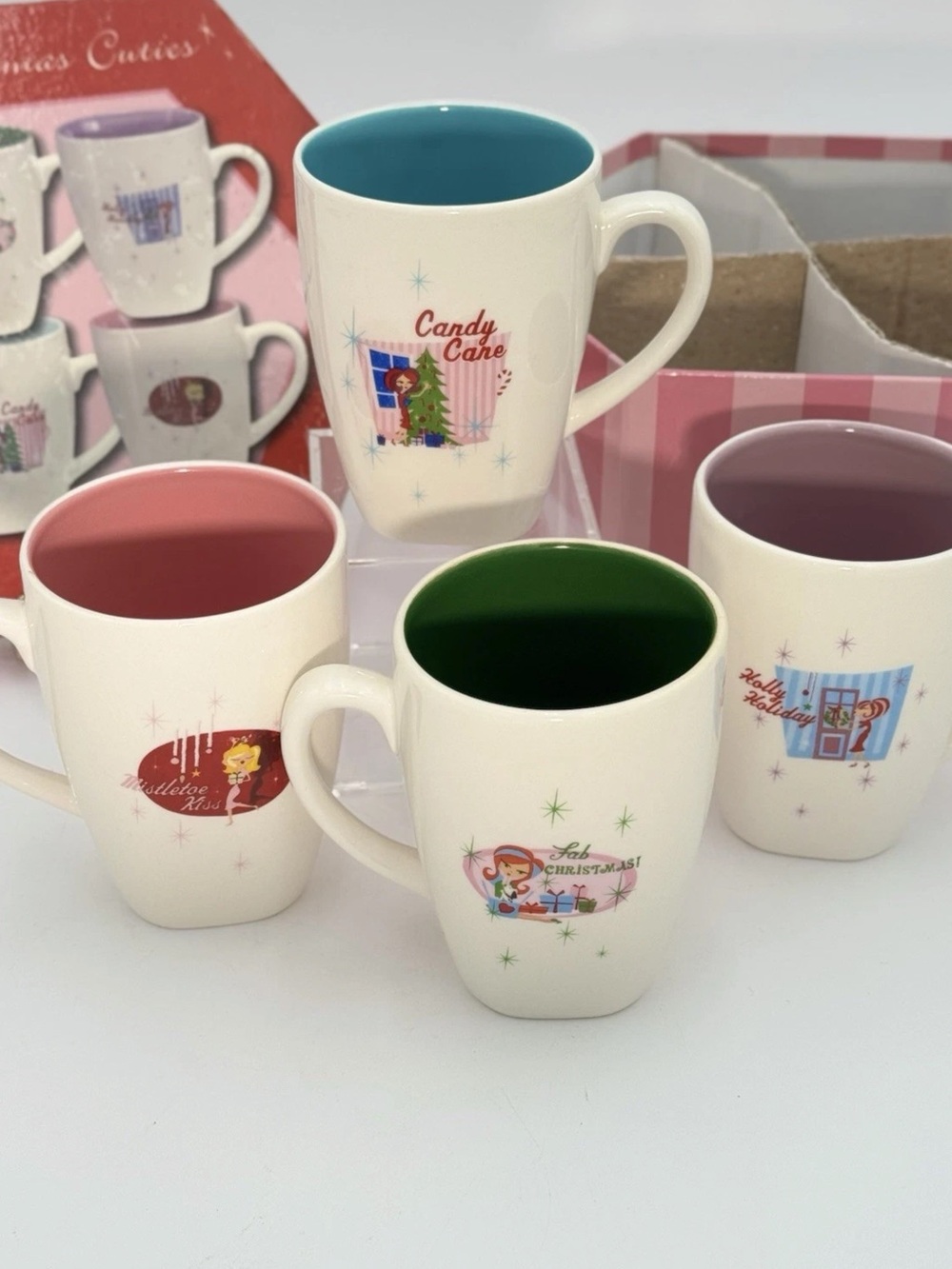 VTg Sakura Christmas Stoneware Mugs Set Box Oneida Retro Mid Century Pin Up